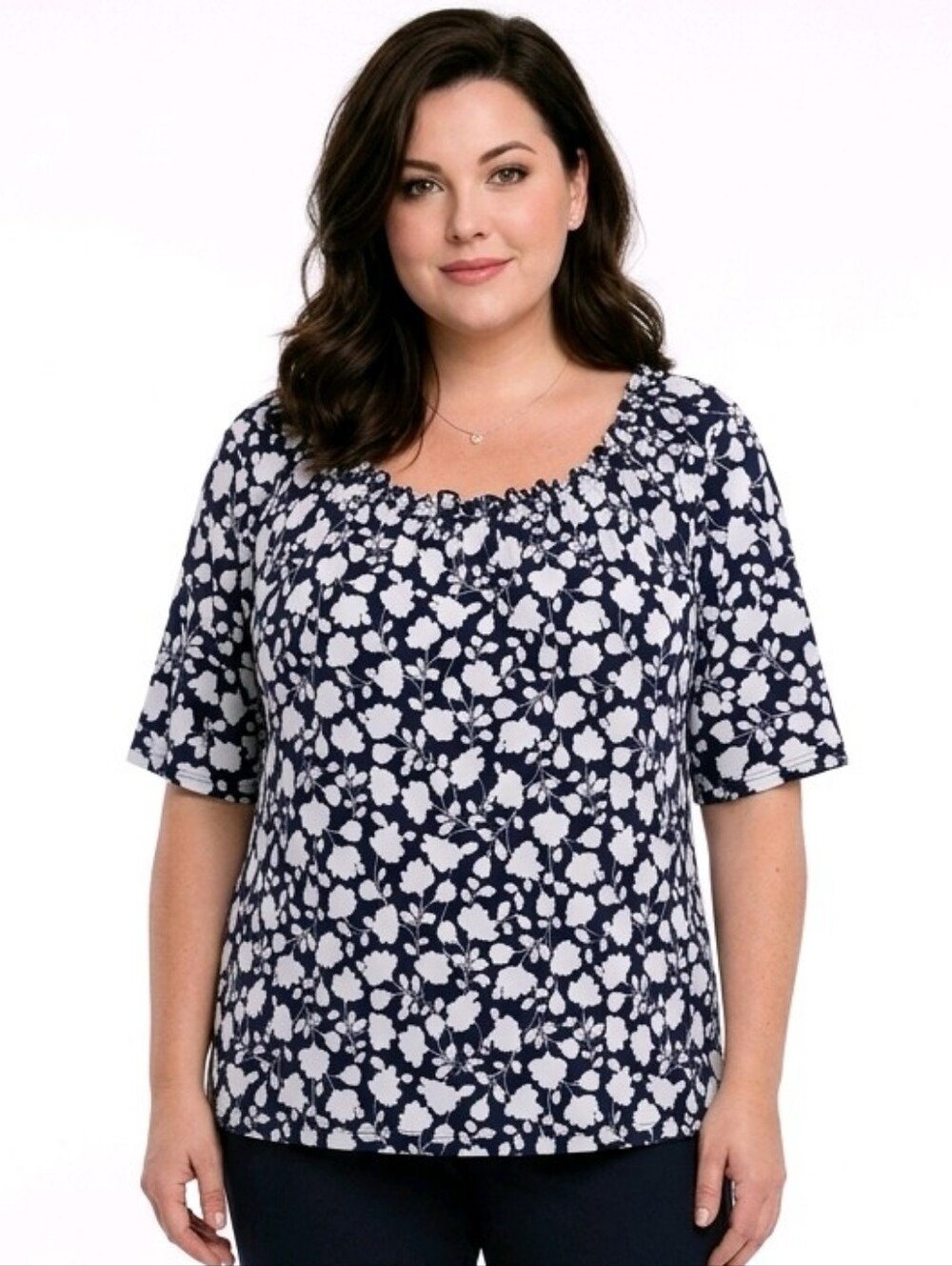Talbots Navy & White Floral Knit Jersey Gathered-Neck Blouse Size 2X